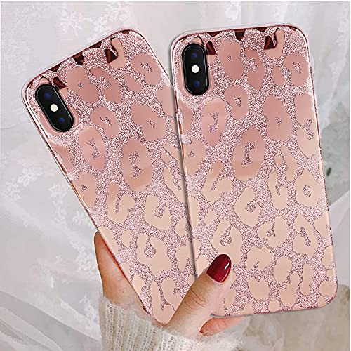 J.west iPhone Xs Max Case 6.5-inch, Luxury Saprkle Bling Glitter Leopard Print Design Soft Metallic Slim Protective Phone Cases for Women Girls TPU Silicone Cover Case Rose Gold