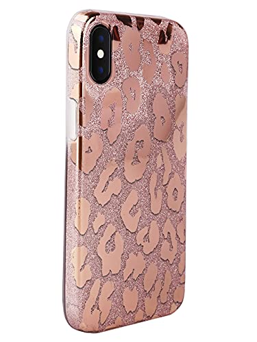 J.west iPhone Xs Max Case 6.5-inch, Luxury Saprkle Bling Glitter Leopard Print Design Soft Metallic Slim Protective Phone Cases for Women Girls TPU Silicone Cover Case Rose Gold