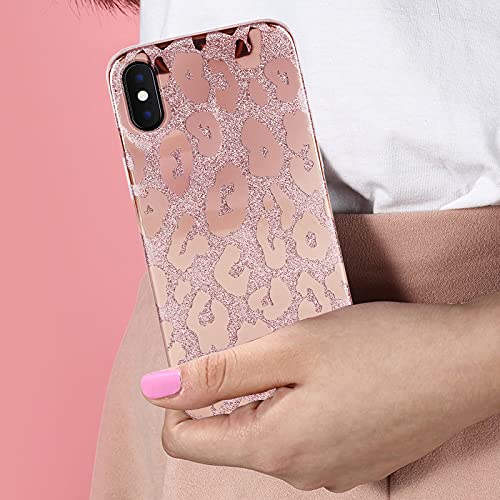 J.west iPhone Xs Max Case 6.5-inch, Luxury Saprkle Bling Glitter Leopard Print Design Soft Metallic Slim Protective Phone Cases for Women Girls TPU Silicone Cover Case Rose Gold