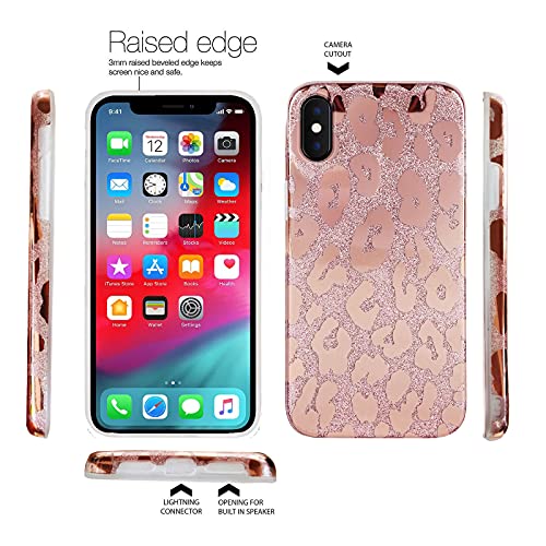 J.west iPhone Xs Max Case 6.5-inch, Luxury Saprkle Bling Glitter Leopard Print Design Soft Metallic Slim Protective Phone Cases for Women Girls TPU Silicone Cover Case Rose Gold