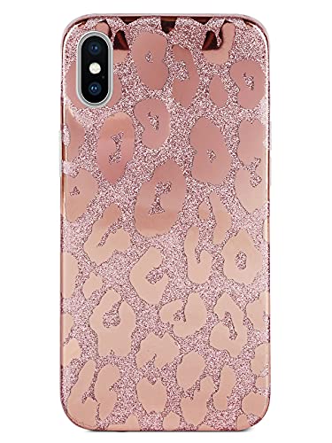 J.west iPhone Xs Max Case 6.5-inch, Luxury Saprkle Bling Glitter Leopard Print Design Soft Metallic Slim Protective Phone Cases for Women Girls TPU Silicone Cover Case Rose Gold