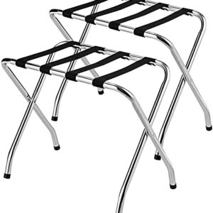 MAT EXPERT Folding Luggage Rack, No Assembly Required, 180lbs Capacity Luggage Holder w/ Nylon Straps & Non-slip Footpads, Chrome Suitcase Stand for Guest Room Home Bedroom Hotel, Set of 2, Silver