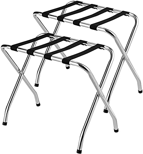 MAT EXPERT Folding Luggage Rack, No Assembly Required, 180lbs Capacity Luggage Holder w/ Nylon Straps & Non-slip Footpads, Chrome Suitcase Stand for Guest Room Home Bedroom Hotel, Set of 2, Silver