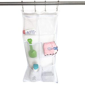 sainal white mesh shower caddy organizer with 6 pockets and 4 rings/hooks hanging on shower curtain rod for bathroom supplies, save space,storage bag for toys