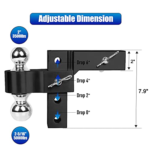 YEOPGYEON Adjustable 6"Drop Hitch Ball Mount- 2 in Reversible Ball Mount, 2-5/16in./2in. Ball,5000lbs/3500lbs GTW (Black)