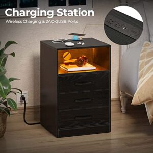 Seventable Nightstand with Wireless Charging Station and LED Lights, Modern End Side Table with 3 Drawers and Open Compartment for Bedroom, Black