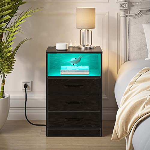 Seventable Nightstand with Wireless Charging Station and LED Lights, Modern End Side Table with 3 Drawers and Open Compartment for Bedroom, Black