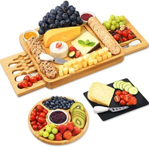 royamy bamboo cheese charcuterie board and knife set cheese serving board with round tray wooden cheese platter set,cheese tray, perfect for christmas, anniversary,wedding,housewarming gift ideas