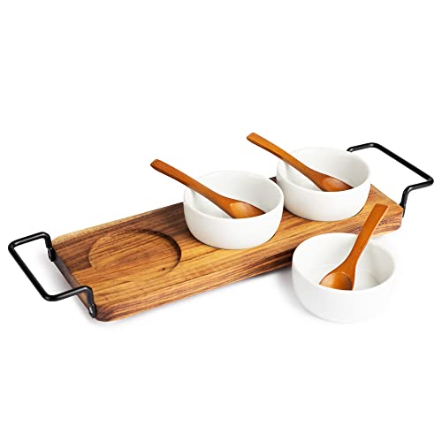 Acacia Wood Serving Tray with 3 Ceramic Bowls & 3 Wooden Spoons - Relish Tray with Stainless Steel Handles & Non-Scratch Rubber Feet Serves as Chip and Dip Serving Set for Sauces, Dips & Much More