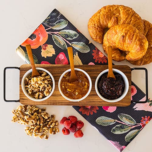 Acacia Wood Serving Tray with 3 Ceramic Bowls & 3 Wooden Spoons - Relish Tray with Stainless Steel Handles & Non-Scratch Rubber Feet Serves as Chip and Dip Serving Set for Sauces, Dips & Much More