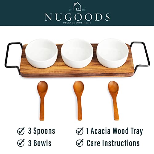 Acacia Wood Serving Tray with 3 Ceramic Bowls & 3 Wooden Spoons - Relish Tray with Stainless Steel Handles & Non-Scratch Rubber Feet Serves as Chip and Dip Serving Set for Sauces, Dips & Much More