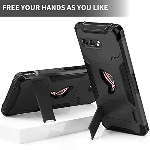 Fanbiya Armor Case for ASUS ROG Phone 2 Cover - TPU Case with Built in Camera Protector, Kickstand and Dust Cover for Charging Port and Cooler Port (Black)