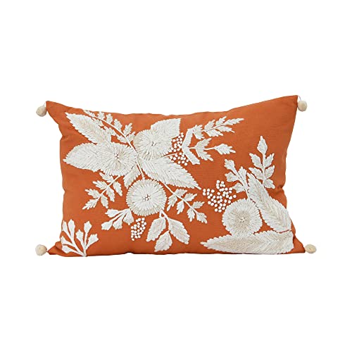 Creative Co-Op Cotton Lumbar French Knots & Embroidered Flowers Pillow, Coral & White