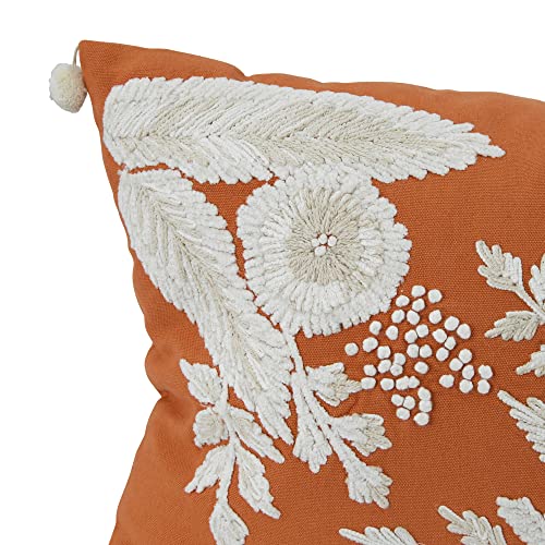 Creative Co-Op Cotton Lumbar French Knots & Embroidered Flowers Pillow, Coral & White