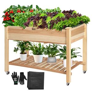 vivosun raised garden bed, 46 x 24 x 32 inches mobile elevated planter box with lockable wheels, storage shelf, and protective liner for outdoor use