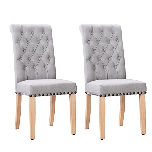 FOREDO Classic Collection Linen Dining Chairs Set of 2, Solid Wood Legs Copper Nails Chair, Light Grey