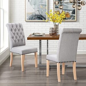 FOREDO Classic Collection Linen Dining Chairs Set of 2, Solid Wood Legs Copper Nails Chair, Light Grey