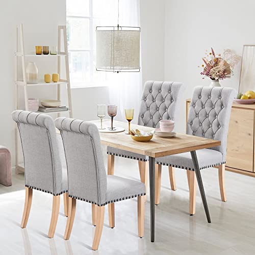 FOREDO Classic Collection Linen Dining Chairs Set of 2, Solid Wood Legs Copper Nails Chair, Light Grey