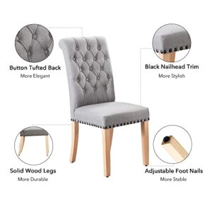 FOREDO Classic Collection Linen Dining Chairs Set of 2, Solid Wood Legs Copper Nails Chair, Light Grey