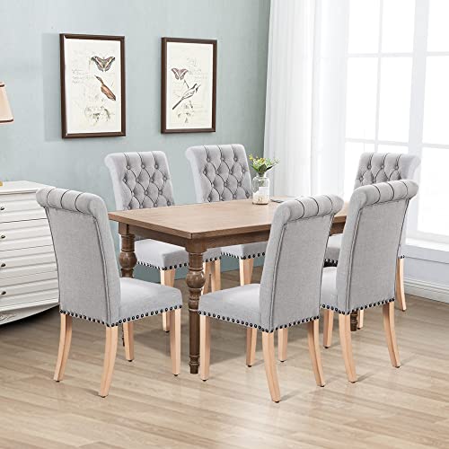 FOREDO Classic Collection Linen Dining Chairs Set of 2, Solid Wood Legs Copper Nails Chair, Light Grey