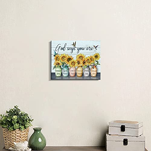 Kas Home God Says You are Canvas Wall Art Hummingbird Sunflower Positive Quotes Farmhouse Wall Decor for Home Office Apartment Paintings Ready to Hang (11.6 x 13.7 inch, Blue - God)