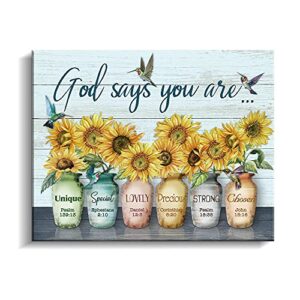 Kas Home God Says You are Canvas Wall Art Hummingbird Sunflower Positive Quotes Farmhouse Wall Decor for Home Office Apartment Paintings Ready to Hang (11.6 x 13.7 inch, Blue - God)