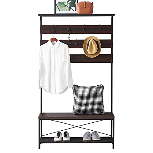 Entryway Coat Rack Bench, Modern Hall Tree with Storage Bench, Wood and Metal Hallway Bench with Coat Rack, 39x70 Inch Espresso