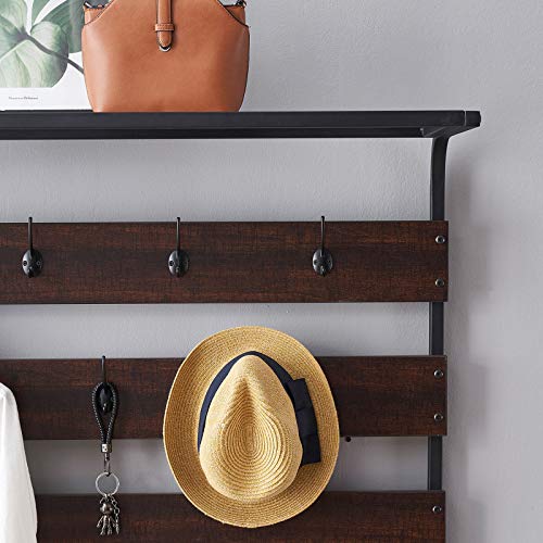 Entryway Coat Rack Bench, Modern Hall Tree with Storage Bench, Wood and Metal Hallway Bench with Coat Rack, 39x70 Inch Espresso