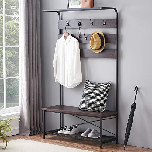 Entryway Coat Rack Bench, Modern Hall Tree with Storage Bench, Wood and Metal Hallway Bench with Coat Rack, 39x70 Inch Espresso