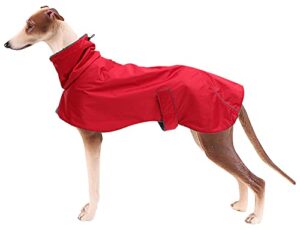 greyhound lurcher winter coat, whippet coat with padded fleece, waterproof dog jacket with adjustable bands and zipper harness hole - red - medium