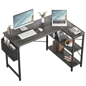 homieasy small l shaped computer desk, 47 inch l-shaped corner desk with reversible storage shelves for home office workstation, modern simple style writing desk table with storage bag(black oak)
