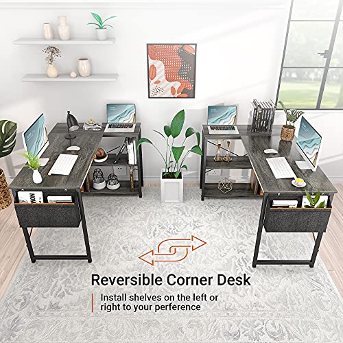 Homieasy Small L Shaped Computer Desk, 47 Inch L-Shaped Corner Desk with Reversible Storage Shelves for Home Office Workstation, Modern Simple Style Writing Desk Table with Storage Bag(Black Oak)