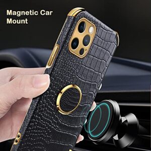 aowner Compatible with iPhone 12 Pro Max Ring Holder Case Luxury Crocodile Cover Gold Edge 360 Degree Rotation Stand for Women Girls Slim Leather Snake Lizard Skin Protective Cover case, 6.7 Inch