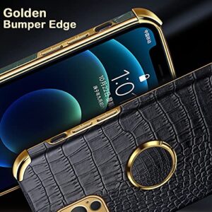 aowner Compatible with iPhone 12 Pro Max Ring Holder Case Luxury Crocodile Cover Gold Edge 360 Degree Rotation Stand for Women Girls Slim Leather Snake Lizard Skin Protective Cover case, 6.7 Inch