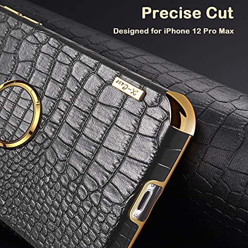 aowner Compatible with iPhone 12 Pro Max Ring Holder Case Luxury Crocodile Cover Gold Edge 360 Degree Rotation Stand for Women Girls Slim Leather Snake Lizard Skin Protective Cover case, 6.7 Inch