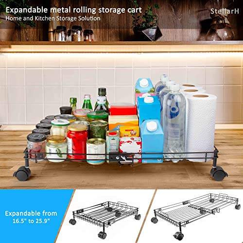 Expandable Rolling Basket Under Bed Storage Container with Wheels - Rolling Metal Storage Basket for Kitchen, Pantry, Garage Storage Organization Small Storage Bin Expandable (2 sizes) to 26 Inches