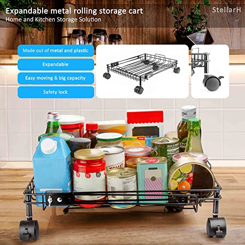 Expandable Rolling Basket Under Bed Storage Container with Wheels - Rolling Metal Storage Basket for Kitchen, Pantry, Garage Storage Organization Small Storage Bin Expandable (2 sizes) to 26 Inches