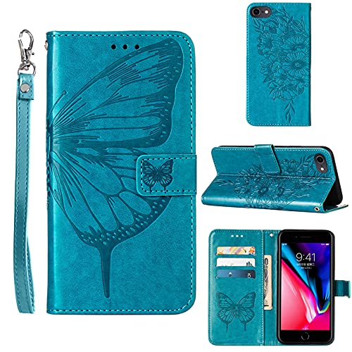 Compatible for iPhone 8 Wallet Case,iPhone 7 Case,iPhone SE 2022 Case,iPhone SE 2020 Case,6/6S Case,[Kickstand][Wrist Strap][Card Holder Slots] Butterfly Floral Embossed PU Leather Flip Cover (Blue)