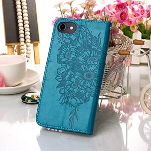Compatible for iPhone 8 Wallet Case,iPhone 7 Case,iPhone SE 2022 Case,iPhone SE 2020 Case,6/6S Case,[Kickstand][Wrist Strap][Card Holder Slots] Butterfly Floral Embossed PU Leather Flip Cover (Blue)