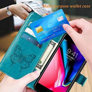 Compatible for iPhone 8 Wallet Case,iPhone 7 Case,iPhone SE 2022 Case,iPhone SE 2020 Case,6/6S Case,[Kickstand][Wrist Strap][Card Holder Slots] Butterfly Floral Embossed PU Leather Flip Cover (Blue)