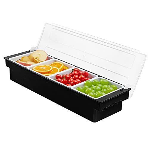 kinsong KINSONG Ice Chilled Serving Tray Condiment Pots 4 Compartment Condiment Server Caddy (Black, 4 Compartments)