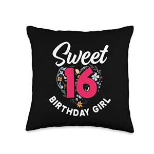 funny 16th birthday girl 16 years sweet 16 gifts sixteen 16th birthday girl floral years sweet 16 throw pillow, 16x16, multicolor