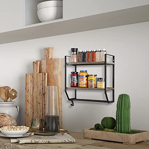 OYEAL Bathroom Shelf with Towel Bar Wall Mounted Towel Rack Rustic Towel Shelf for Bathroom with 5 Hooks, 2 Tier Shelf Storage Organizer for Living Room, Kitchen, Bedroom, Rustic Brown