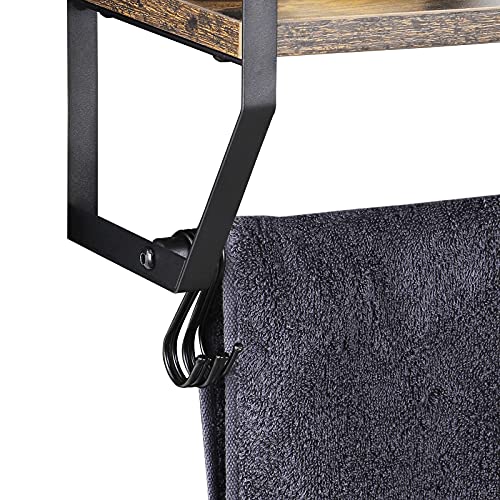 OYEAL Bathroom Shelf with Towel Bar Wall Mounted Towel Rack Rustic Towel Shelf for Bathroom with 5 Hooks, 2 Tier Shelf Storage Organizer for Living Room, Kitchen, Bedroom, Rustic Brown