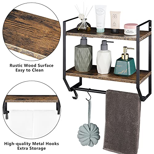 OYEAL Bathroom Shelf with Towel Bar Wall Mounted Towel Rack Rustic Towel Shelf for Bathroom with 5 Hooks, 2 Tier Shelf Storage Organizer for Living Room, Kitchen, Bedroom, Rustic Brown