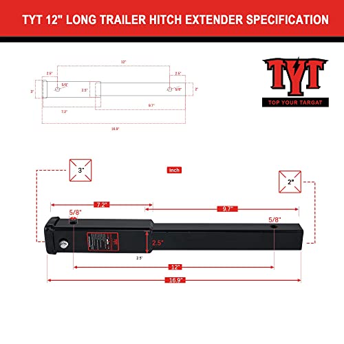 TYT 12" Trailer Hitch Extension for 2" Receiver Tube Extender, Tube Extension Receiver with 2 Sets of 5/8" Premium Hitch Pin Lock, 4000 lbs GTW / 400 lbs TW