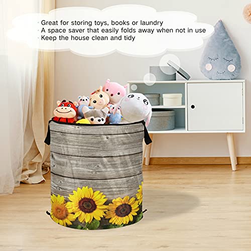 xigua Sunflower Wood Popup Laundry Hamper with Zipper Lid, Foldable Pop-up Hamper Dirty Clothes Basket with Handles for College Dorm, Apartment, Laundromat