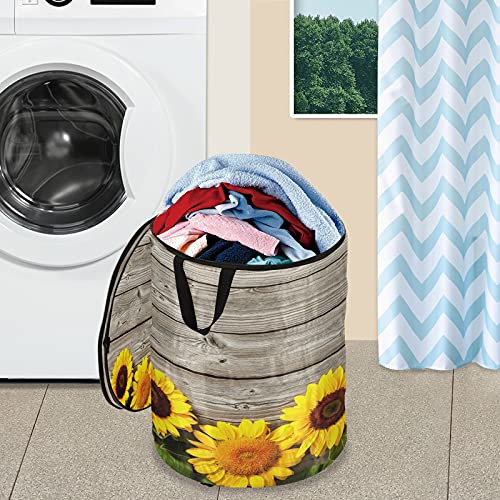 xigua Sunflower Wood Popup Laundry Hamper with Zipper Lid, Foldable Pop-up Hamper Dirty Clothes Basket with Handles for College Dorm, Apartment, Laundromat