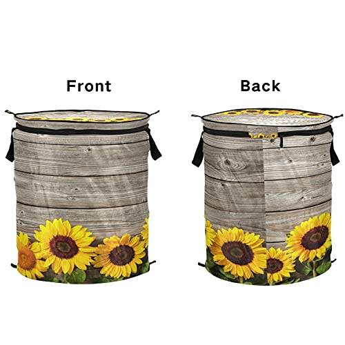 xigua Sunflower Wood Popup Laundry Hamper with Zipper Lid, Foldable Pop-up Hamper Dirty Clothes Basket with Handles for College Dorm, Apartment, Laundromat