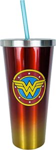 spoontiques dcstainlesscup steel cup with straw, 24 oz, wonder woman